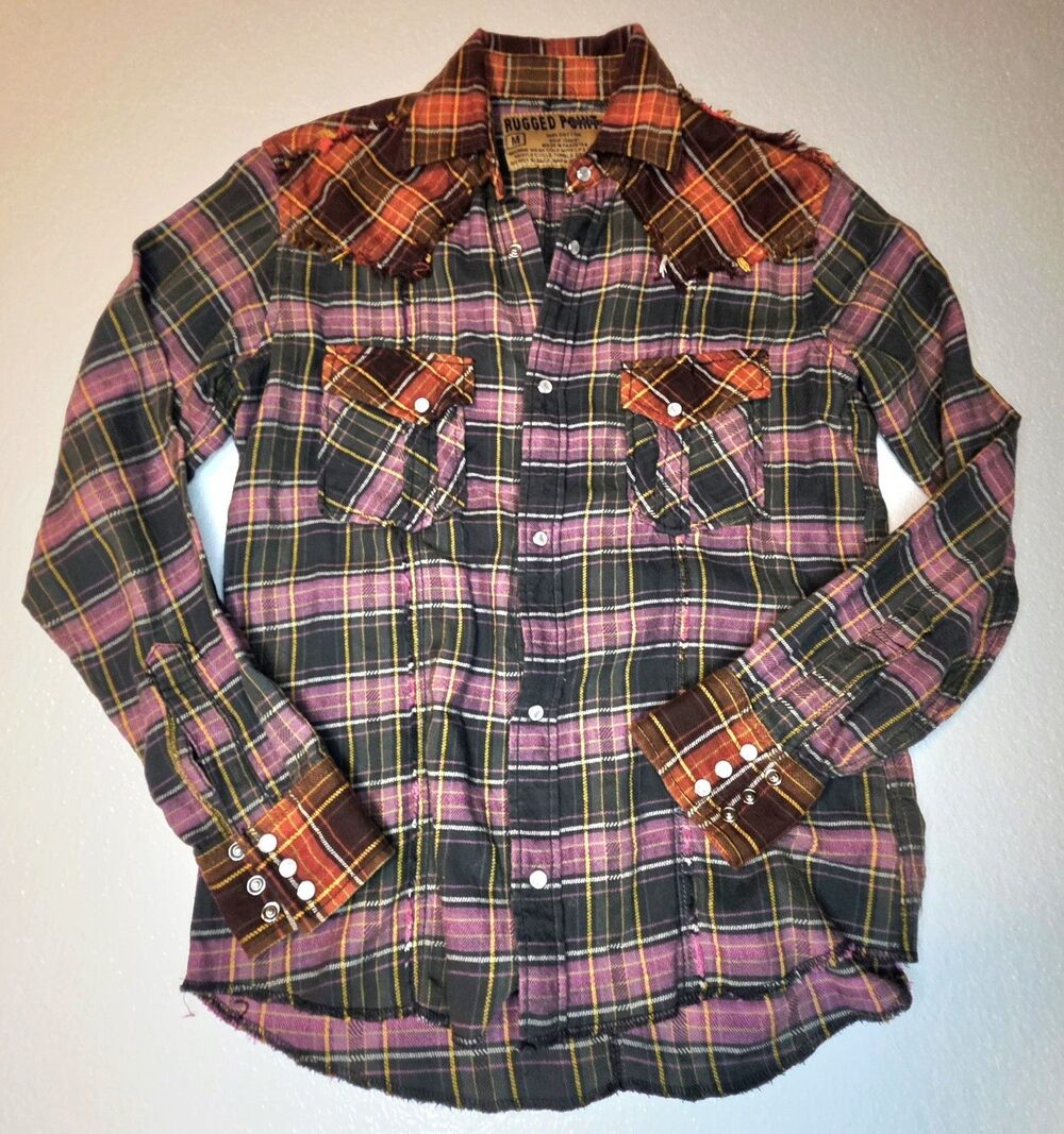 Rugged Point Authentic Plaid Western Flannel Shirt Snap Buttons Size Medium